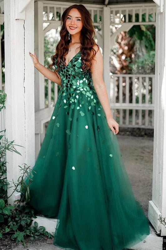 A-line V-Neck Sequins Long Prom Dresses