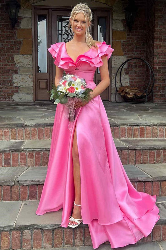 V-Neck Ruffle A-line Long Prom Dresses