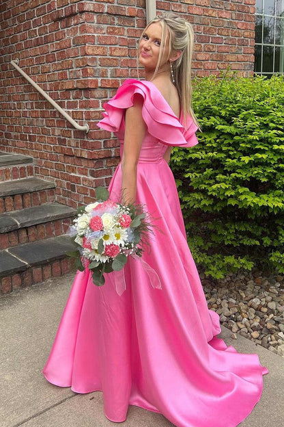 V-Neck Ruffle A-line Long Prom Dresses