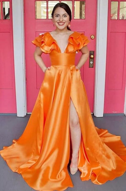 V-Neck Ruffle A-line Long Prom Dresses