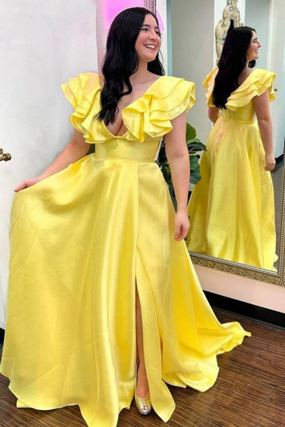 V-Neck Ruffle A-line Long Prom Dresses