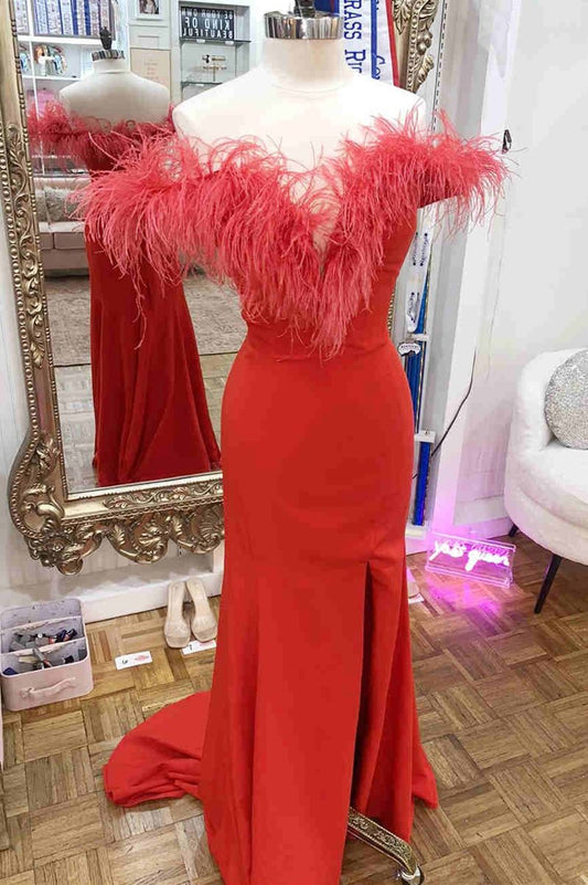 Plunging Neck Feather Long Formal Dresses with Slit