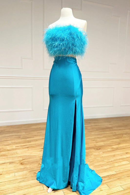 Jade Two-Piece Feathers Strapless Satin Long Prom Dresses with Slit