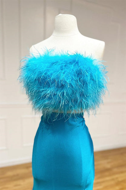Jade Two-Piece Feathers Strapless Satin Long Prom Dresses with Slit