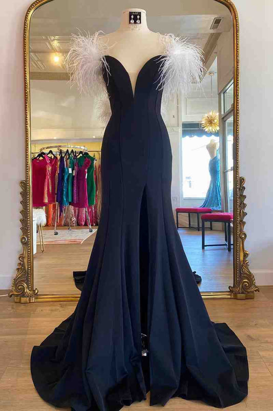 Long High Slit Prom Dresses with Feather
