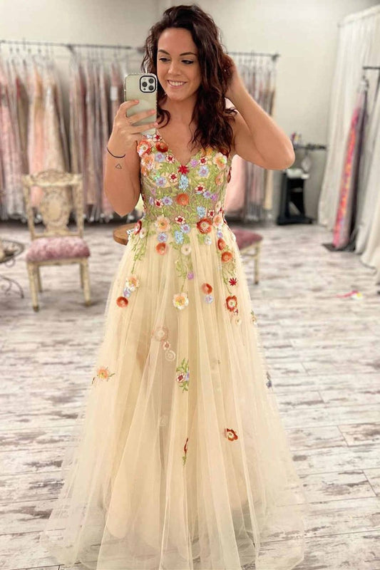 Gorgeous V-Neck Floral Long Formal Dresses with Embroidery