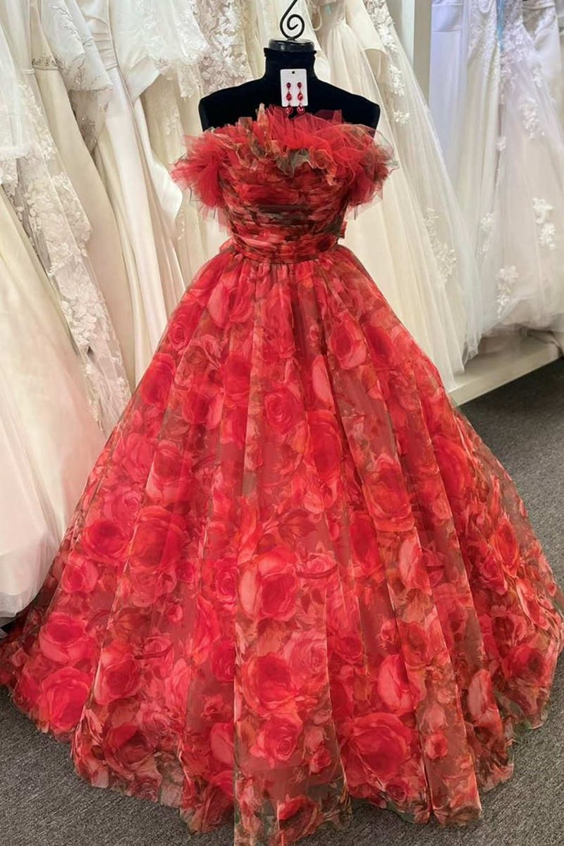 Strapless Floral Print Organza A-line Quinceanera Dresses
