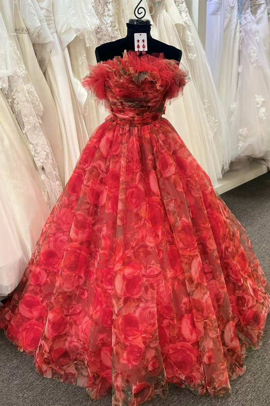 Strapless Floral Print Organza A-line Quinceanera Dresses