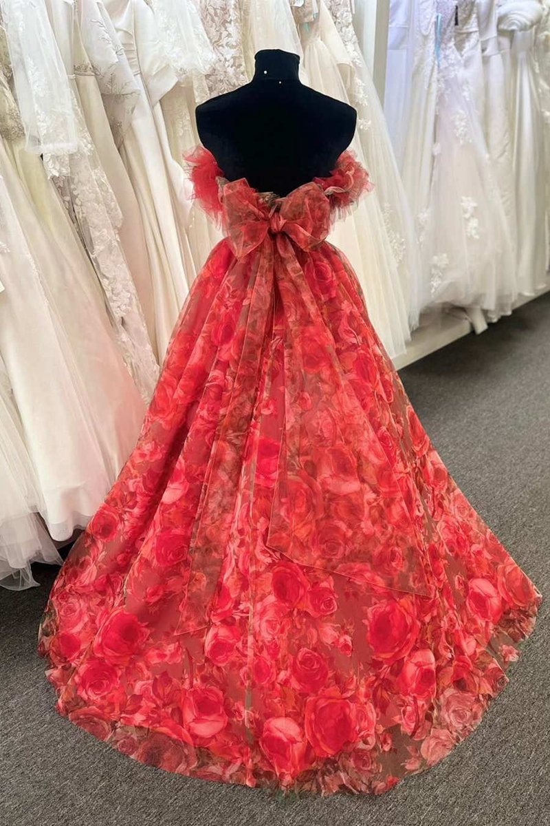 Strapless Floral Print Organza A-line Quinceanera Dresses
