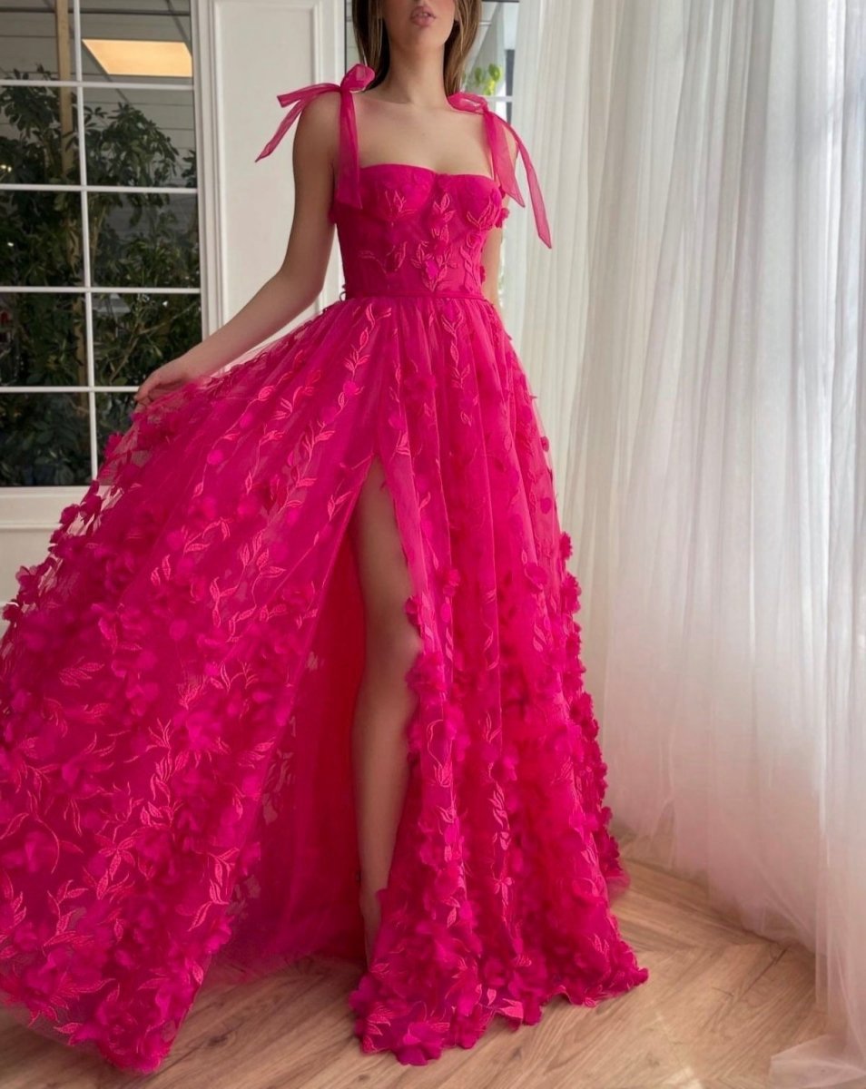 Elegant A-line 3D Flower Lace Prom Dresses with Slit