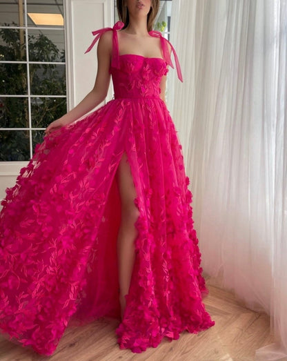 Elegant A-line 3D Flower Lace Prom Dresses with Slit