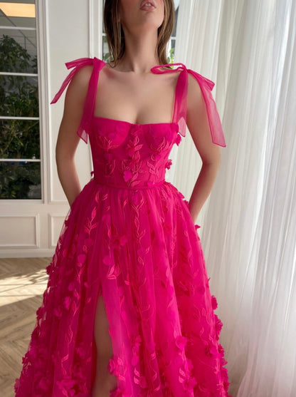 Elegant A-line 3D Flower Lace Prom Dresses with Slit