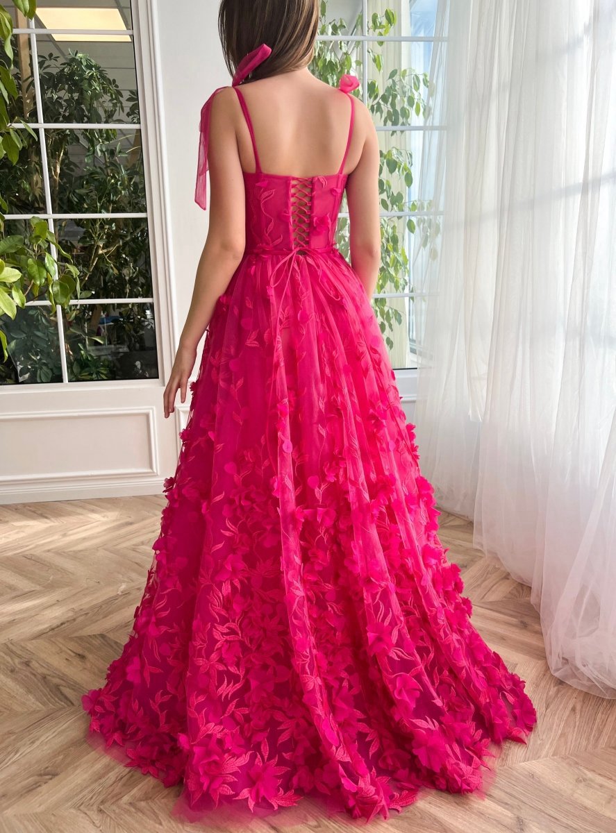 Elegant A-line 3D Flower Lace Prom Dresses with Slit