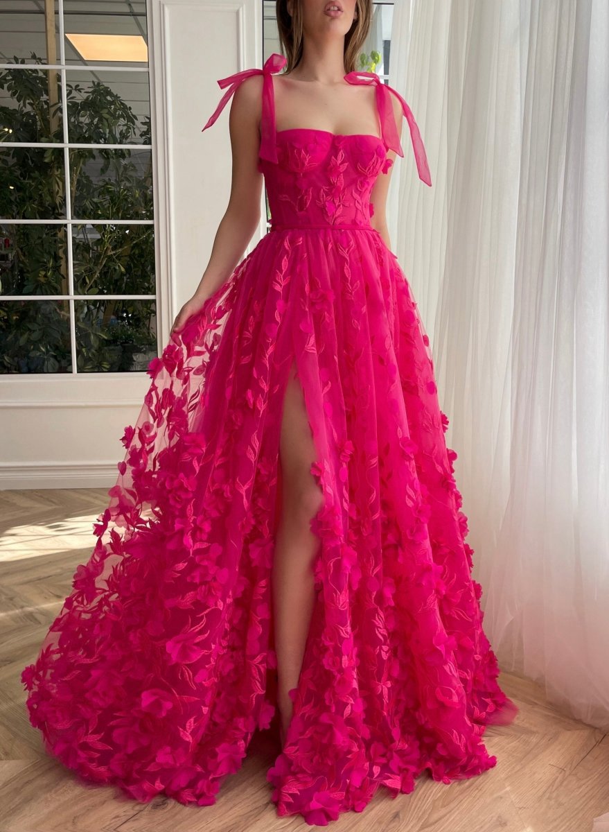 Elegant A-line 3D Flower Lace Prom Dresses with Slit