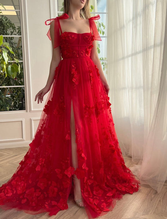 Scarlet Lace A-line 3D Flower Long Prom Dresses with Slit