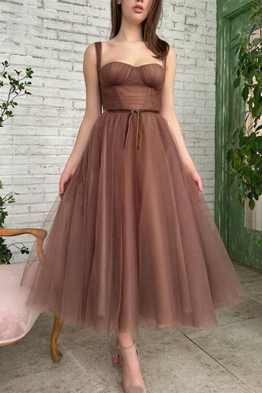 Simple A-line Tea Length Tulle Short Prom Dresses Homecoming Dresses