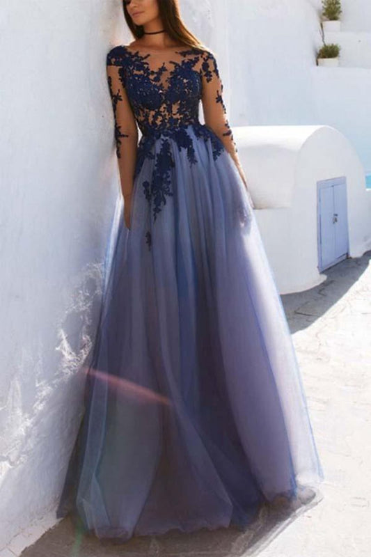 Long Sleeves Lace Open Back Prom Dresses Evening Dresses