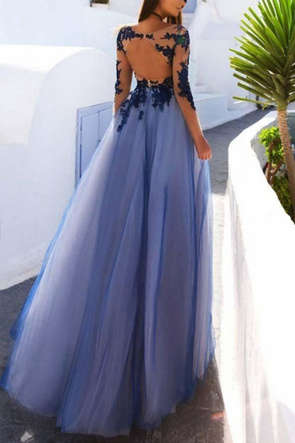 Long Sleeves Lace Open Back Prom Dresses Evening Dresses
