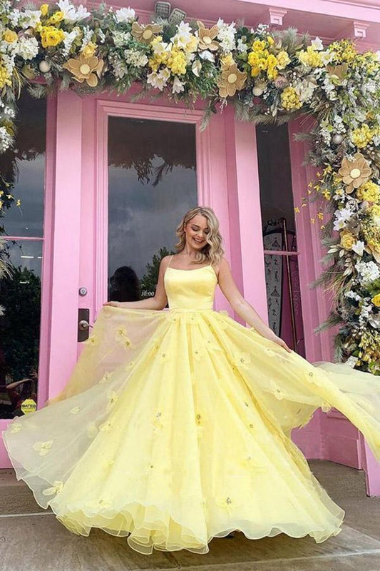Straps Tulle Bodice 3D Flowers with Back Lace Up Prom Dresses