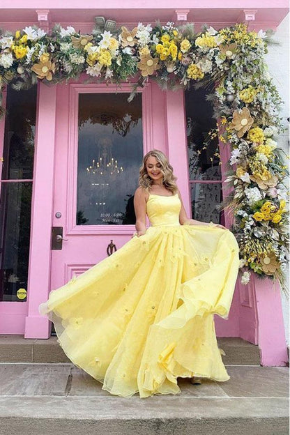 Straps Tulle Bodice 3D Flowers with Back Lace Up Prom Dresses