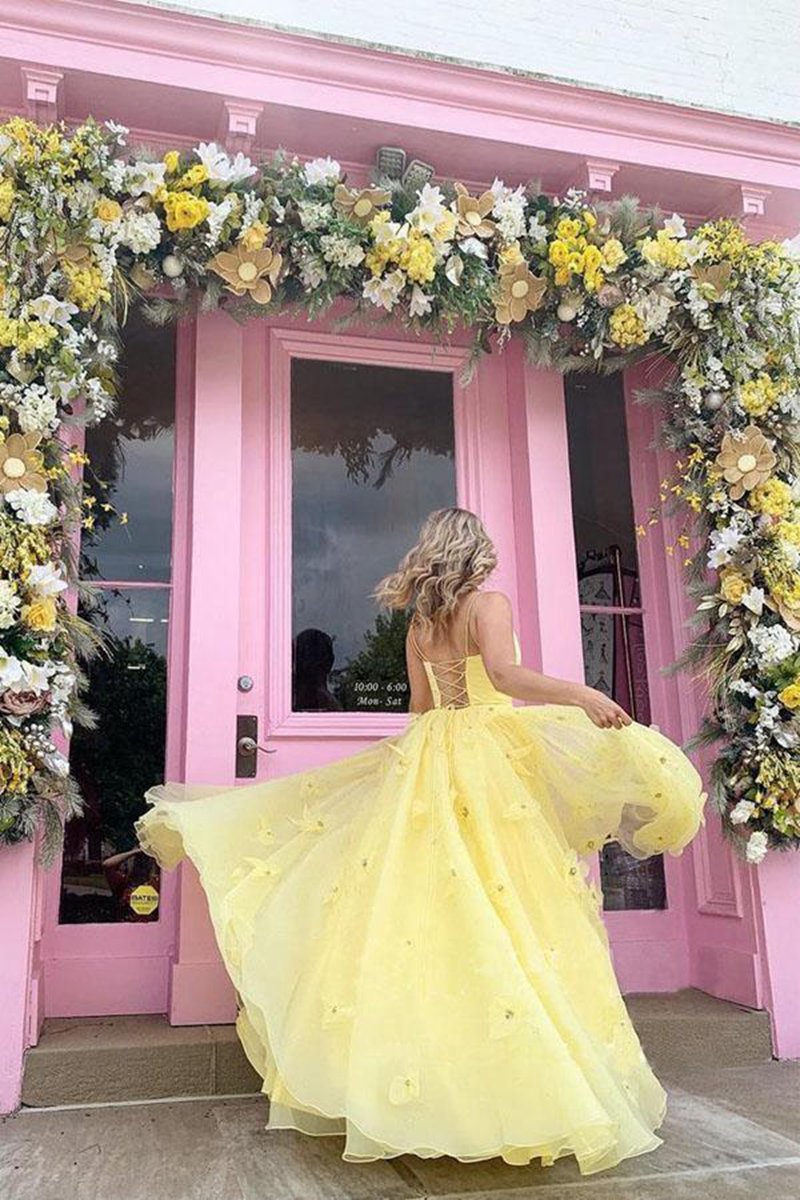 Straps Tulle Bodice 3D Flowers with Back Lace Up Prom Dresses