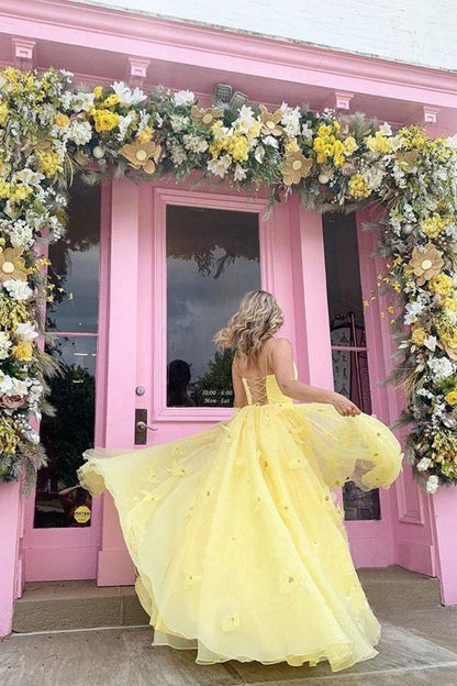 Straps Tulle Bodice 3D Flowers with Back Lace Up Prom Dresses
