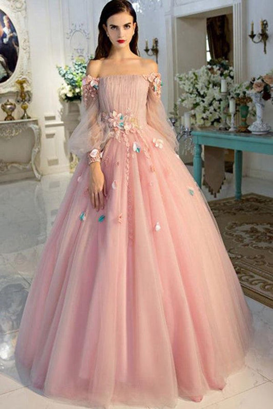 Long Sleeve Pearl Off the Shoulder Quinceanera Dresses with Hand-made Flower