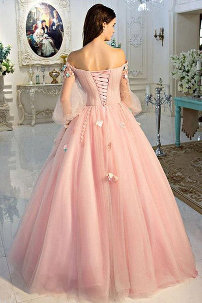 Long Sleeve Pearl Off the Shoulder Quinceanera Dresses with Hand-made Flower