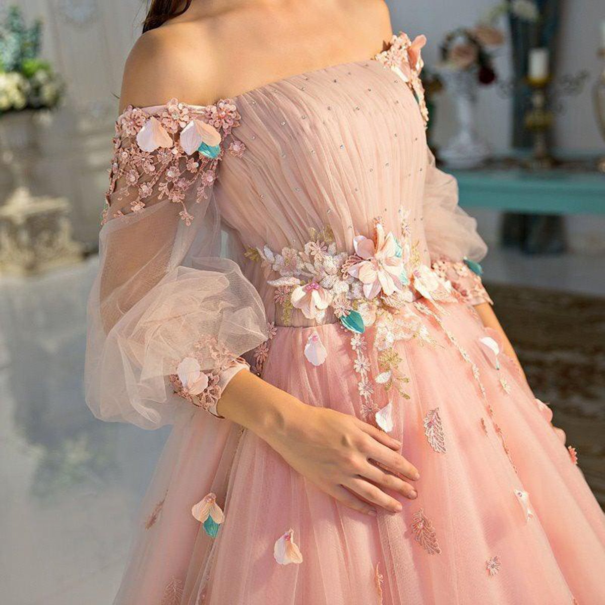 Long Sleeve Pearl Off the Shoulder Quinceanera Dresses with Hand-made Flower