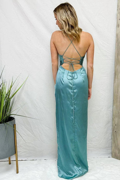Cowl Neck Twist Knot Pleated Long Prom Dresses with Slit