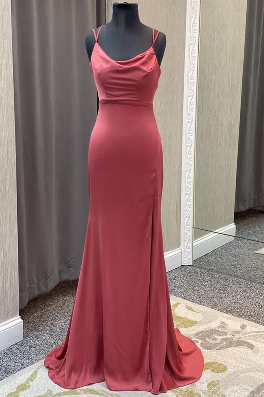 Mauve Mermaid Cowl Neck Straps Long Prom Dresses