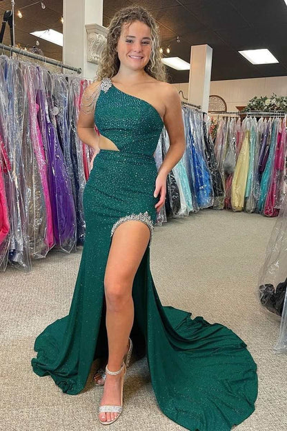 One-Shoulder Beaded Mermaid Long Prom Dresses with Slit