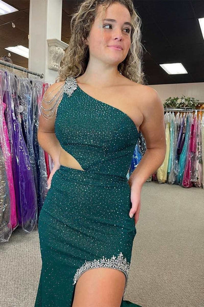 One-Shoulder Beaded Mermaid Long Prom Dresses with Slit