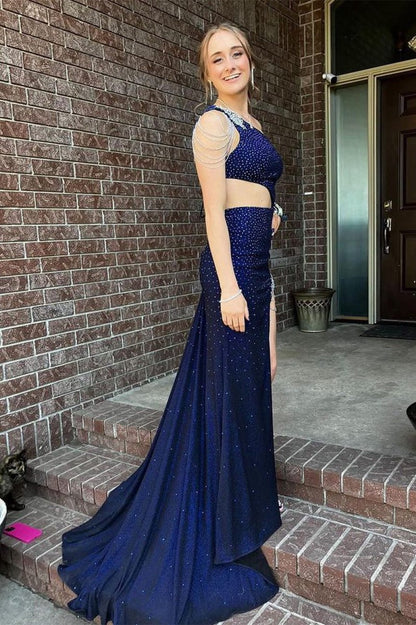 One-Shoulder Beaded Mermaid Long Prom Dresses with Slit