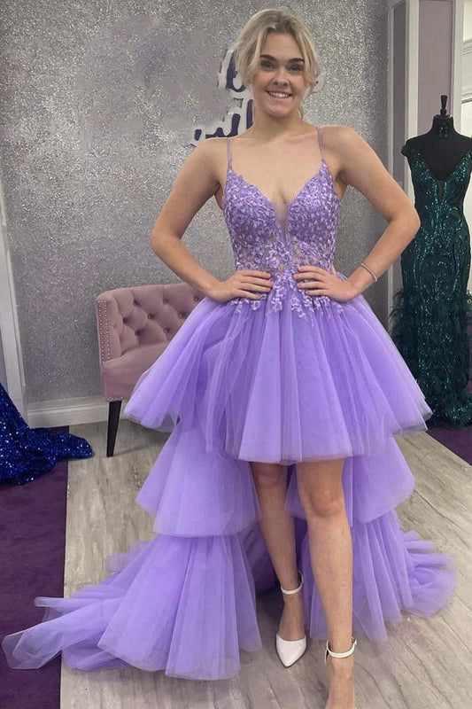 High-Low Lace V-Neck Tie Prom Dresses