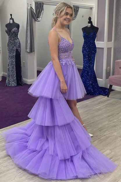High-Low Lace V-Neck Tie Prom Dresses