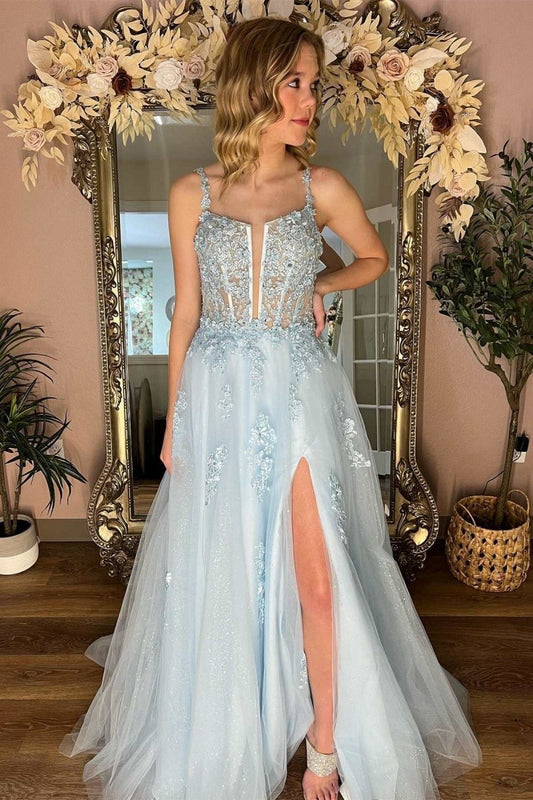 Floral Lace Split Neck A-line Prom Dresses with Slit
