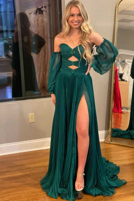 Rhinestones Strapless A-line Prom Dresses with Sleeves
