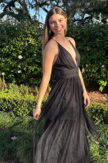 A-line Deep V Neck Cross Back Tulle Multi-Layers Long Prom Dresses