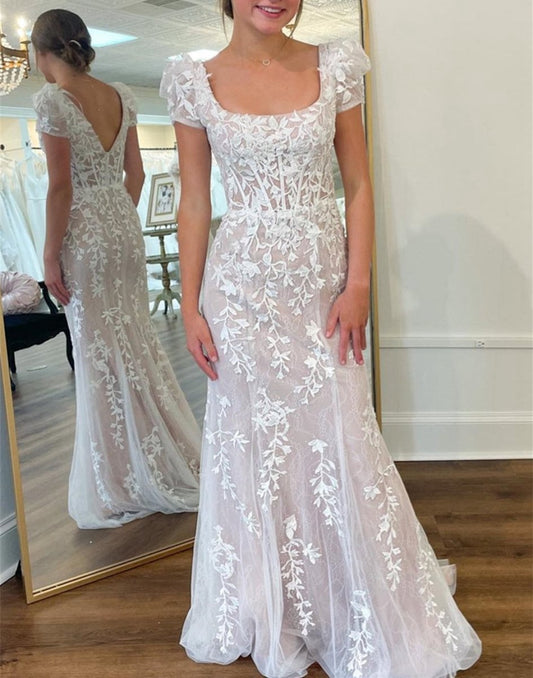 Appliques Square Neck Puff Sleeves Long Prom Dresses