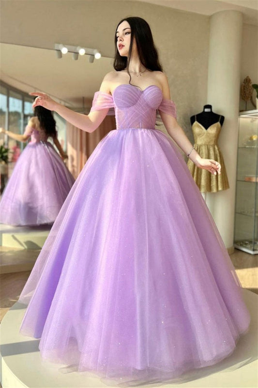 Off-the-Shoulder Lace-Up Tulle Long Prom Dresses
