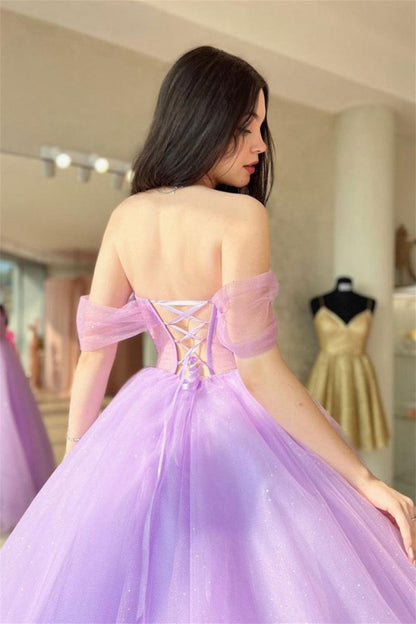 Off-the-Shoulder Lace-Up Tulle Long Prom Dresses