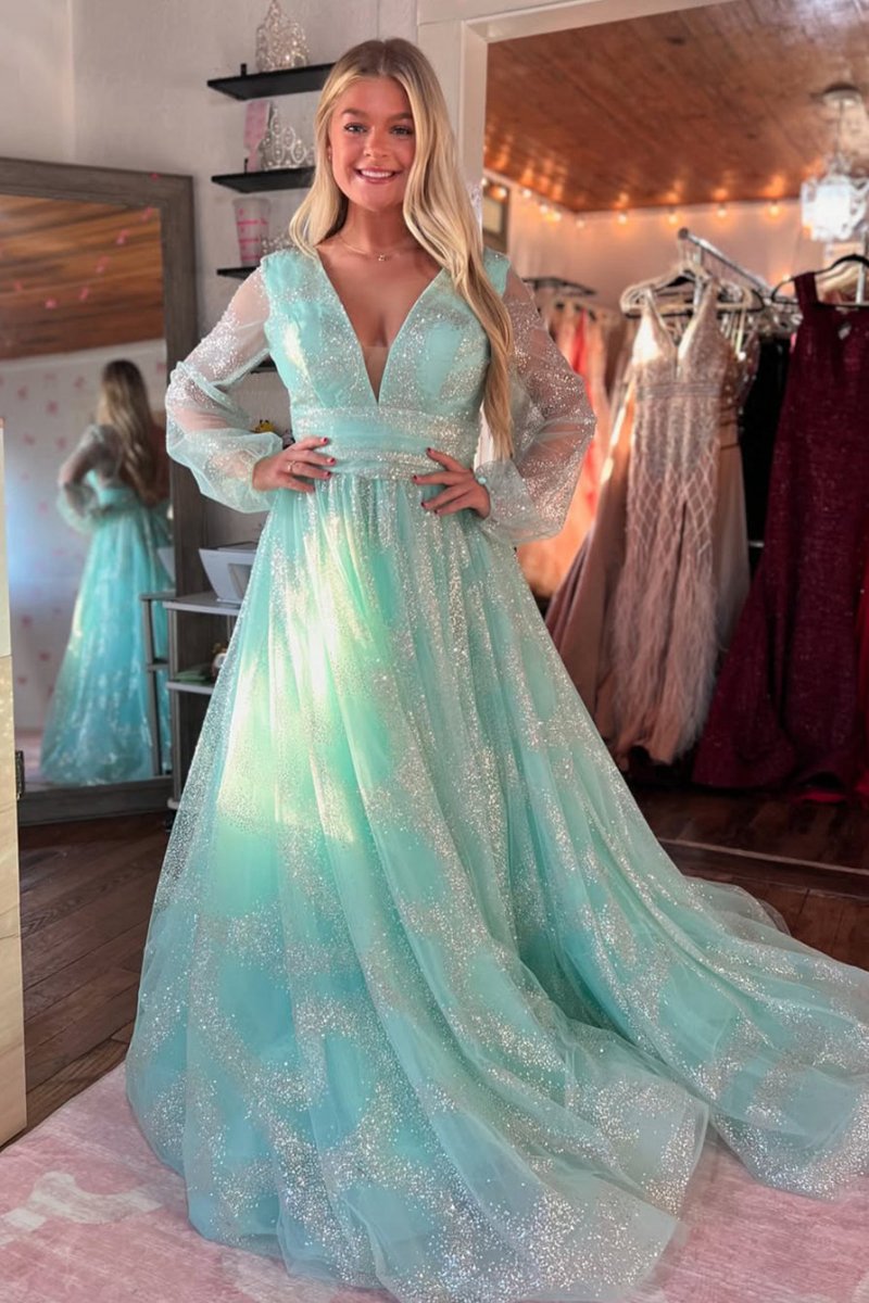 Dusty Sage Plunging V Neck Illusion Sleeves Beaded Long Prom Dresses