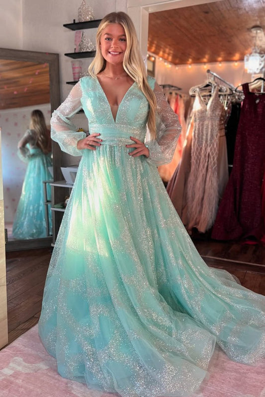 Dusty Sage Plunging V Neck Illusion Sleeves Beaded Long Prom Dresses