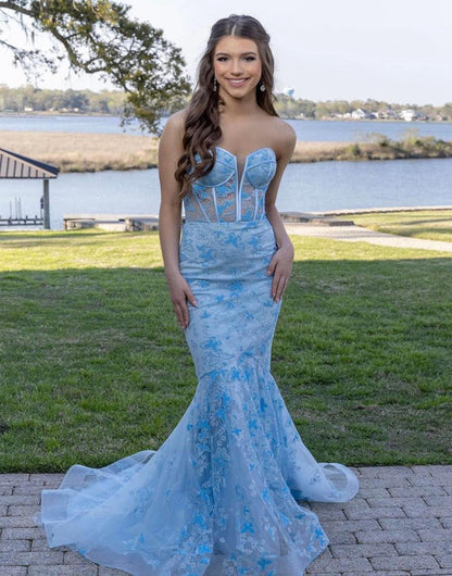 Gougeous Strapless Long Prom Dresses with Appliques