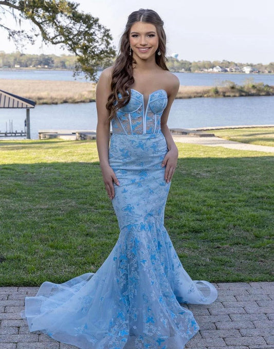 Gougeous Strapless Long Prom Dresses with Appliques