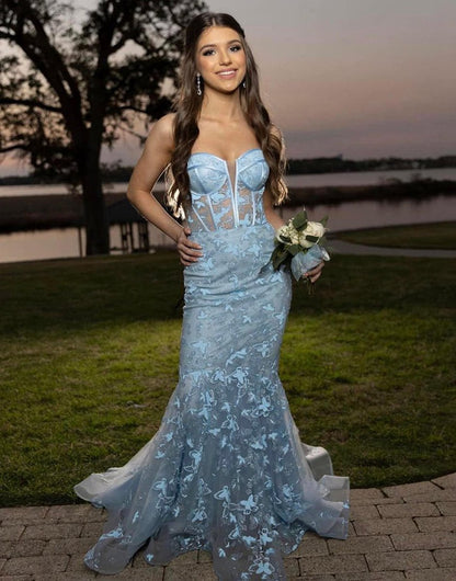 Gougeous Strapless Long Prom Dresses with Appliques