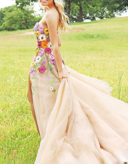 A-line Sweetheart Flower Long Prom Dresses with Appliques