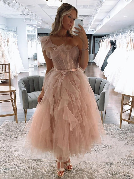 One Shoulder Tulle A-line Long Prom Dresses