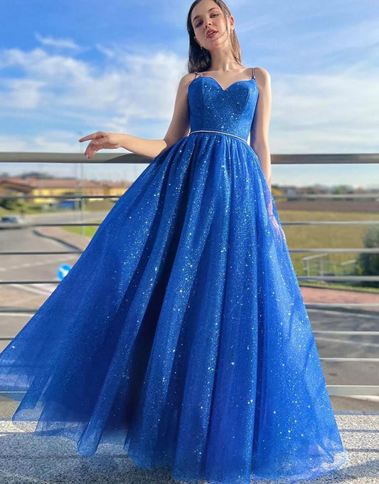  Sparkly A-line Spaghetti Straps Long Prom Dresses